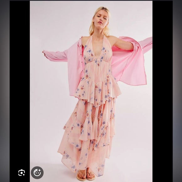 Free People Dresses & Skirts - New Free People Stop Time Floral Pink Maxi Tiered Fairy Boho Halter Dress XL